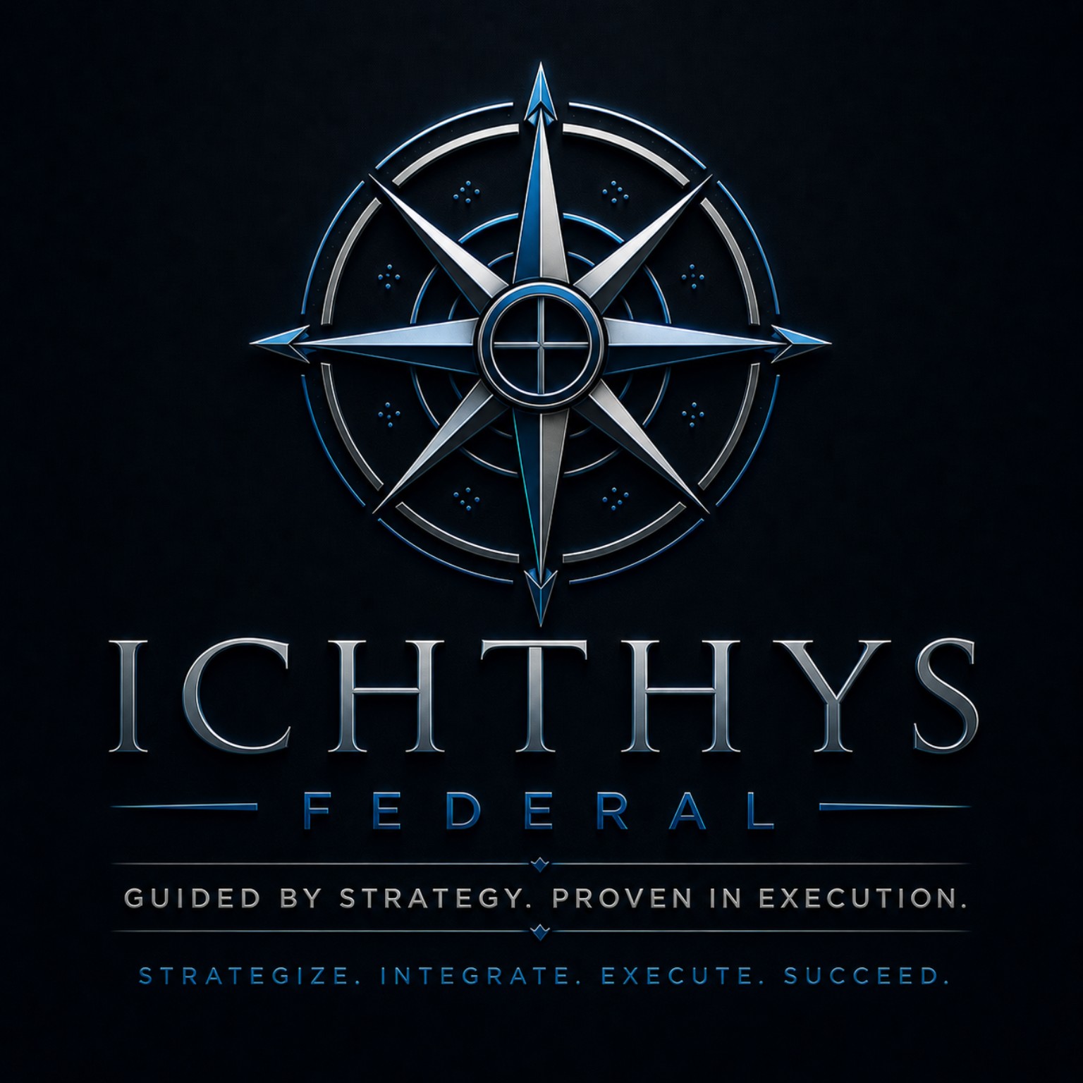 Ichthys Federal silver and blue compass logo. Guided by Strategy. Proven in Execution.